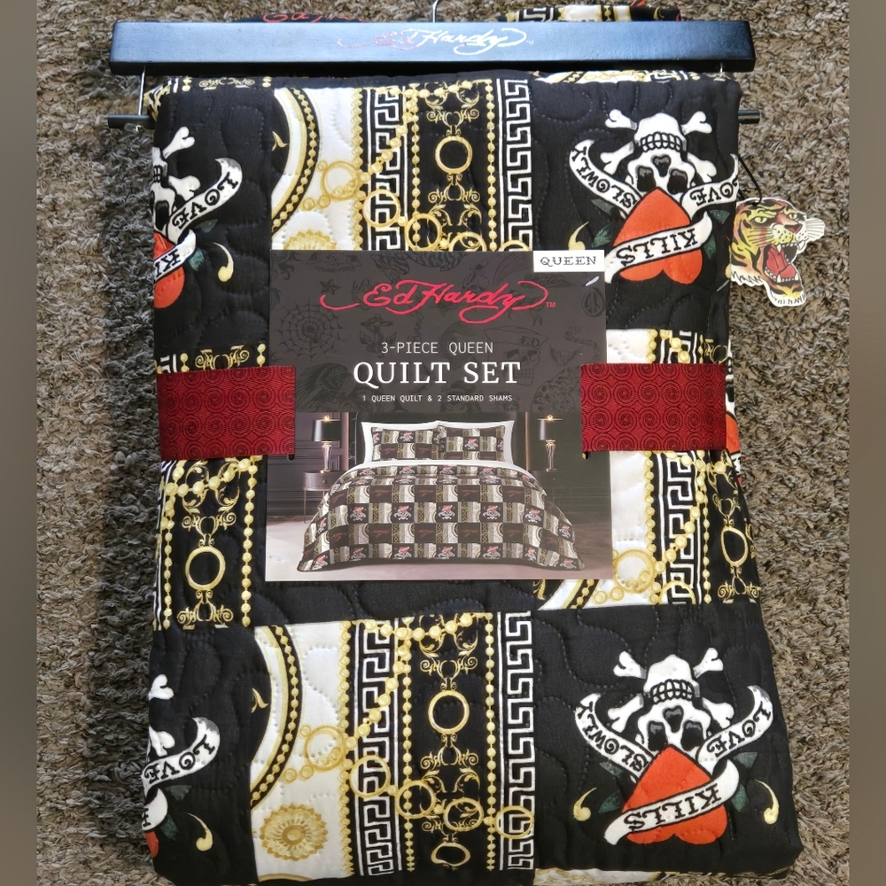 QUEEN Ed Hardy 3 Pc Quilt Set Y2K Tattoo Flash Comforter Blanket